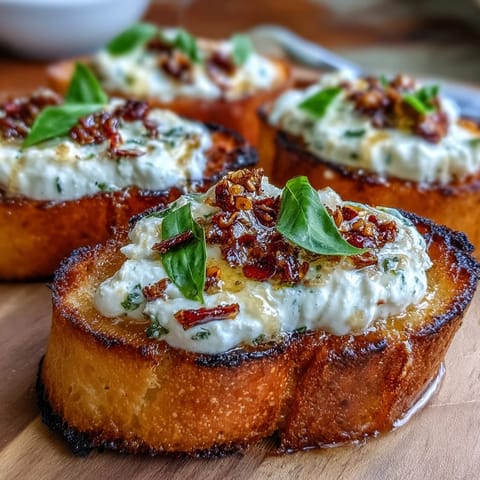 Golden toasted baguette slices topped with creamy whipped ricotta and drizzled with spicy hot honey for a perfect appetizer.
