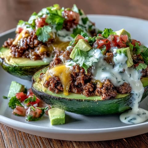 Creamy avocado halves filled with seasoned ground beef, melted cheese, and zesty salsa for a satisfying keto dinner.  