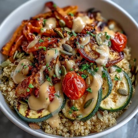 A colorful bowl of grilled vegetables, fluffy quinoa, and creamy tahini drizzle, perfect for a healthy and satisfying meal.  