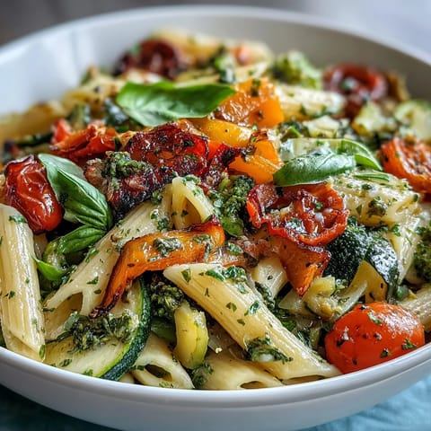 Vibrant vegan one-pot pasta primavera with colorful vegetables, fresh basil, and zesty lemon in a single pan.  