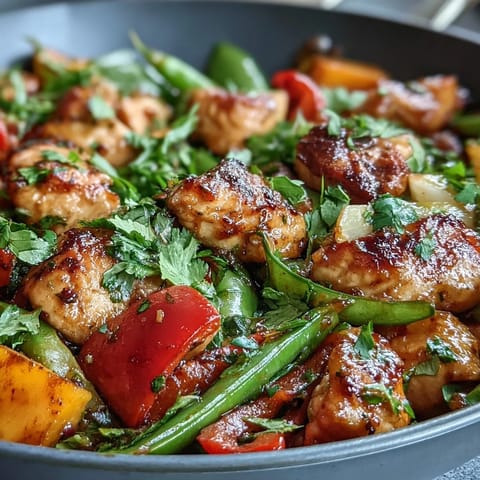 A vibrant Mango Turmeric Chicken Stir-Fry with colorful snap peas and peppers, served hot with fresh cilantro garnish.