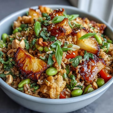 Vibrant vegan pineapple fried rice with cauliflower and edamame, showcasing colorful veggies and tropical fruit in a savory, healthy bowl.  