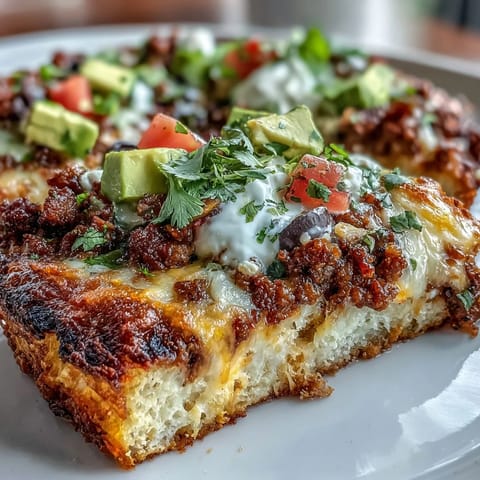 Golden, crunchy cheese crust topped with zesty taco meat, black olives, lettuce, and creamy avocado slices.  