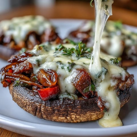 Savory ribeye steak and sautéed peppers nestled in roasted portobello caps, topped with bubbling provolone cheese.  