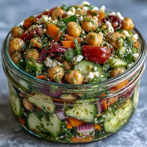 Citrus Herb Chickpea Cucumber Salad Jars filled with fresh vegetables and zesty dressing for a vibrant, healthy lunch.  