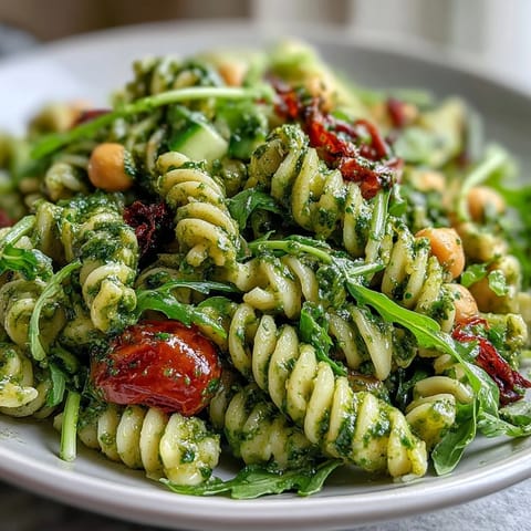A creamy vegan pesto pasta salad with chickpeas, arugula, and cherry tomatoes, perfect for a fresh and healthy lunch.  