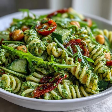 A vibrant bowl of short pasta tossed with a rich cashew pesto, protein-packed chickpeas, and peppery arugula leaves.  