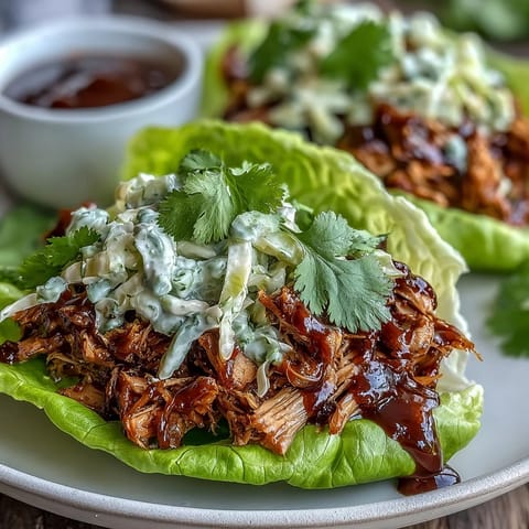 Smoky BBQ jackfruit piled into lettuce leaves and topped with vibrant purple and green cabbage slaw for a colorful, healthy taco twist.  