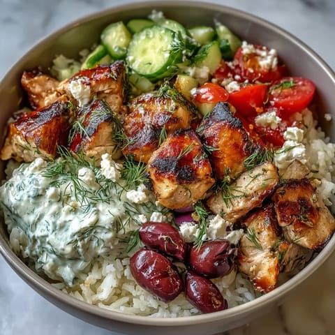 Fresh and healthy Greek chicken souvlaki bowls with grilled marinated chicken, crisp vegetables, and creamy tzatziki sauce.  