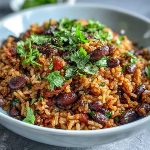 Spanish Rice and Beans in a pot with fresh cilantro garnish, showcasing vibrant colors and hearty texture.  