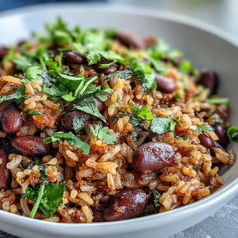 Close-up of Spanish Rice and Beans with black beans, tomato salsa, and smoked paprika for rich, authentic flavor.  