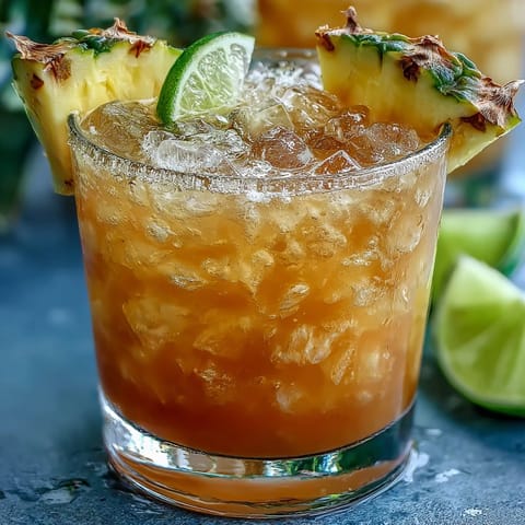 Vibrant pineapple margarita mocktail served over ice with a salted rim, garnished with lime and fresh pineapple slice.