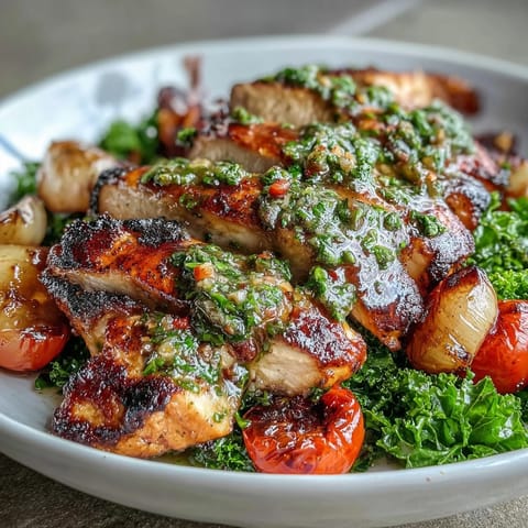 Vibrant chimichurri grilled chicken bowl with creamy garlic sauce, sautéed greens, and roasted vegetables.  
