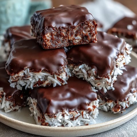 Hand holding a healthy chocolate coconut bite, melted dark chocolate dripping down the sides, perfect for a wholesome dessert.  