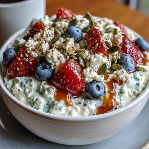 Creamy cottage cheese breakfast bowl topped with vibrant mixed berries and crunchy seeds for a nutritious morning meal.  