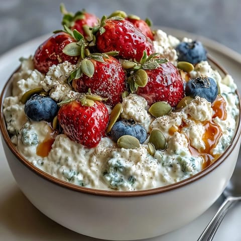 Protein-packed cottage cheese bowl with fresh strawberries, blueberries, and a medley of chia and pumpkin seeds.  