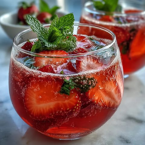A refreshing blend of pink lemonade, strawberry juice, and sparkling lemon-lime soda, garnished with mint and fresh berries.