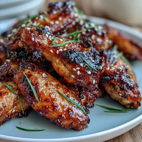 Crispy air fryer chicken wings glazed with sticky honey garlic sauce and Asian spices, garnished with sesame seeds and green onions.  