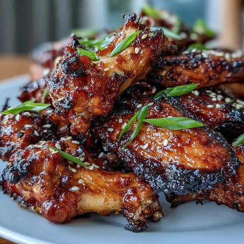 Golden-brown air fryer chicken wings coated in a sweet-spicy honey garlic glaze, perfect for parties or game day snacking.  