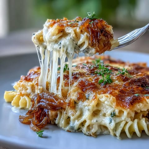 French Onion Soup Pasta Bake with golden caramelized onions and melted Gruyère cheese.  