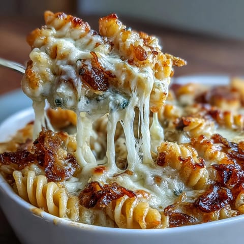 A creamy pasta bake infused with rich French onion soup flavors and topped with bubbly cheese.  