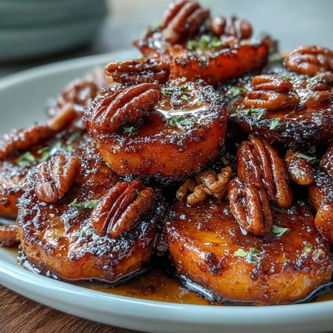 Aromatic candied yams glazed with brown sugar and butter, topped with golden toasted pecans—a comforting holiday side dish.