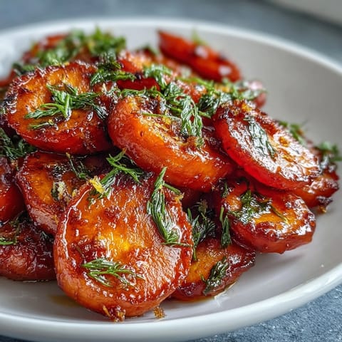 Bright citrus and honey glaze coats tender carrot slices, finished with aromatic fresh dill for a flavorful vegetarian side.  