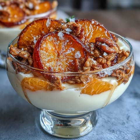 Candied orange yogurt parfait with granola crunch in a clear glass, layered with creamy yogurt and sweet citrus slices.