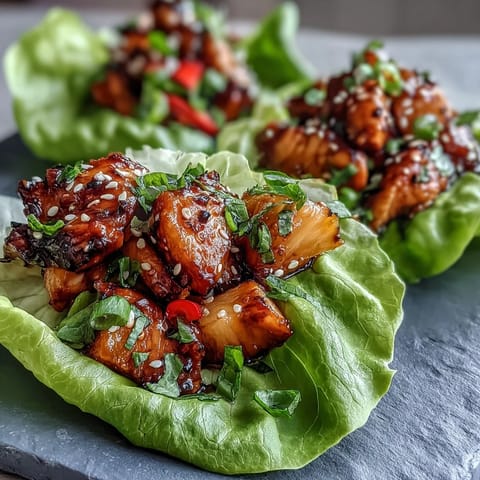 Light and flavorful teriyaki chicken pineapple lettuce wraps topped with crunchy carrots, bell peppers, and fresh cilantro.  
