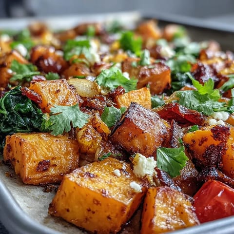 Sweet potato and orange sheet pan breakfast hash with roasted vegetables and fresh spinach