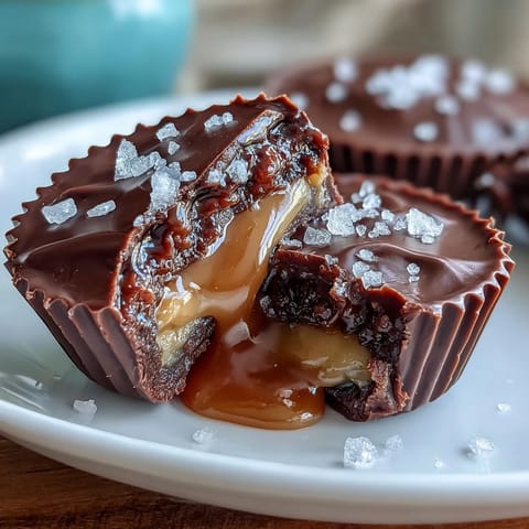 Decadent homemade peanut butter cups with gooey salted caramel center and flaky sea salt topping.  