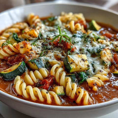 Creamy One-Pot Budget-Friendly Pasta with vibrant vegetables, Parmesan, and herbs simmering in a rich tomato broth.