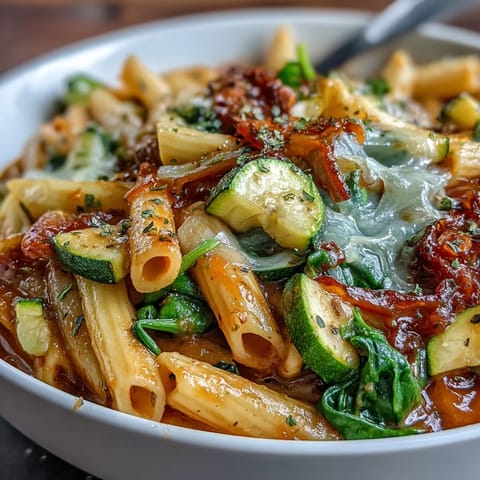 Colorful One-Pot Budget-Friendly Pasta featuring tender penne, zucchini, bell pepper, and spinach in a savory vegetable broth.