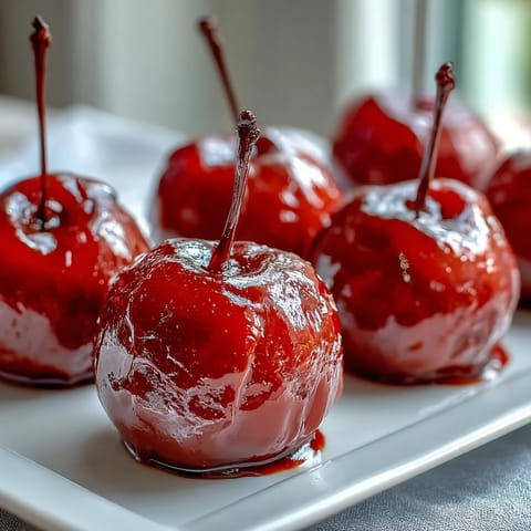 Mini candy apples on sticks with glossy red coating, perfect for parties and kid-friendly treats.