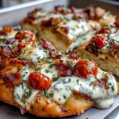 Kentucky Derby Hot Brown Flatbread Pizza with golden crust, creamy Mornay sauce, roasted turkey, bacon, tomatoes, and melted cheese.