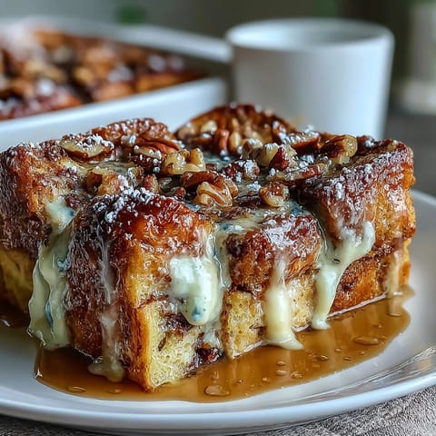 Golden baked blueberry French toast casserole with juicy berries, vanilla custard, and a cinnamon-sugar topping, perfect for Mother's Day brunch.  
