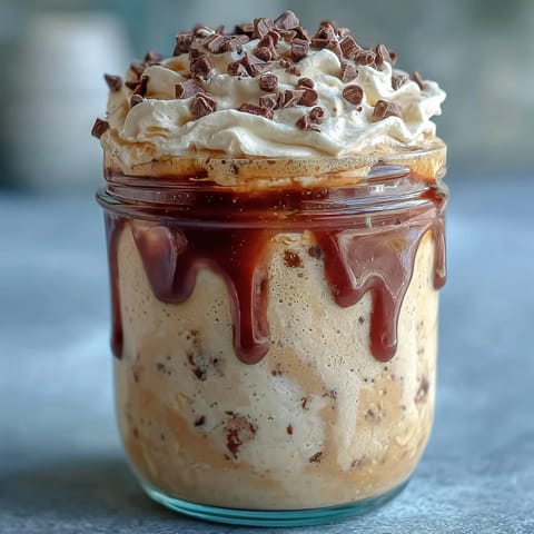 Vanilla Bean Frappuccino Overnight Oats Jar with creamy coffee layers and whipped cream topping.  