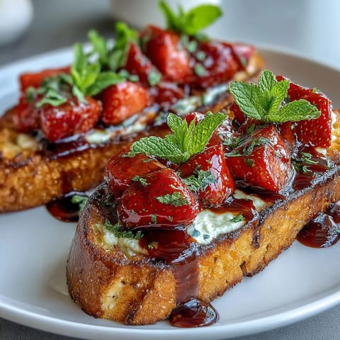 Fresh strawberry bruschetta with balsamic and mint served on golden toasted baguette slices, perfect for summer gatherings.