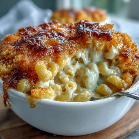 Baked mac and cheese with creamy cheddar sauce and golden breadcrumb topping, bubbling hot and ready for a comforting Southern meal.