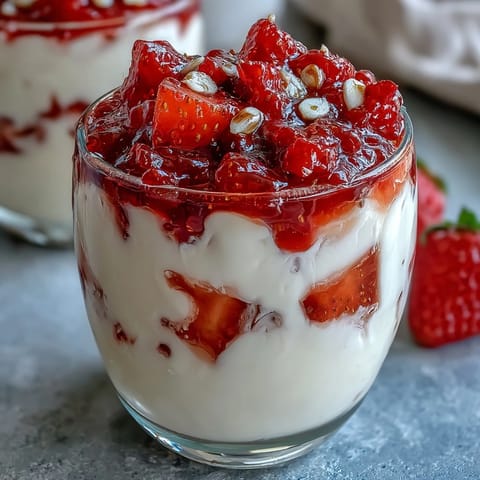 Strawberry compote swirls over creamy Greek yogurt with a honey drizzle, garnished with fresh mint.