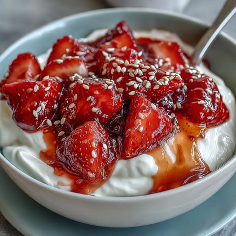 A bowl of rich Greek yogurt topped with warm strawberry compote, perfect for a light dessert.