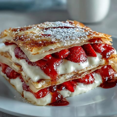 Beautiful layered strawberry crepe cake with fresh strawberries and vanilla cream, perfect for a special brunch or dessert centerpiece.  