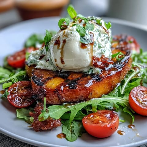 Grilled peaches and creamy burrata atop peppery arugula, drizzled with tangy balsamic glaze for a summer salad delight.  