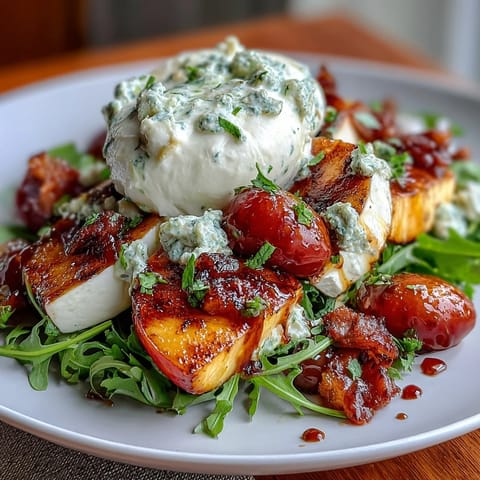 Sweet, smoky grilled peaches paired with luscious burrata, fresh basil, and arugula for a vibrant, Italian-inspired dish.  