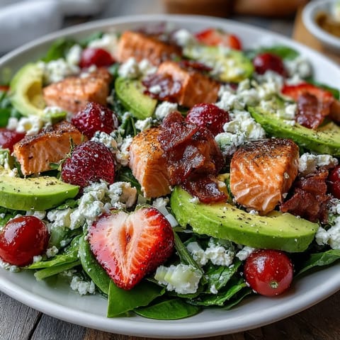 Fresh Spring Cobb Salad with strawberries and avocado, featuring juicy berries, creamy avocado, and crisp vegetables for a vibrant, seasonal dish.