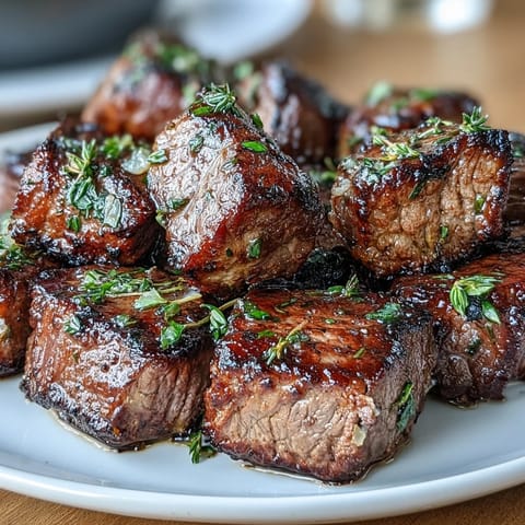 One-Pan Garlic Herb Steak Bites sizzling in a cast iron skillet with fresh parsley and thyme.  