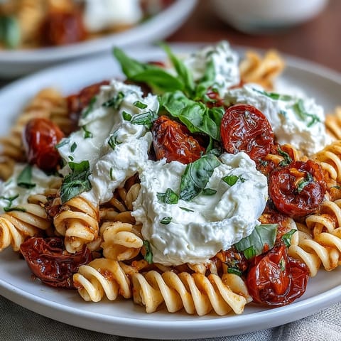 Caprese pasta with burrata in a bowl, topped with creamy cheese and fresh basil leaves.