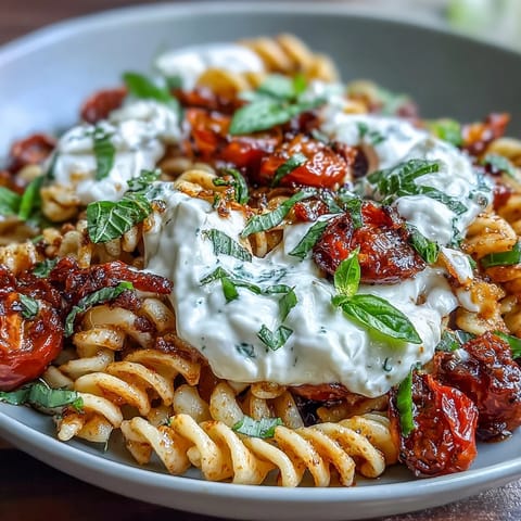 Close-up of vibrant caprese pasta with cherry tomatoes, burrata, and aromatic basil on a rustic plate.