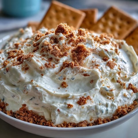 Creamy cheesecake dip with graham crackers, a sweet and fluffy dessert spread perfect for parties.