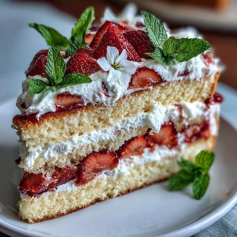 Naked Spring Cake with Strawberries and Cream, light layers of sponge filled with fresh whipped cream and juicy berries.